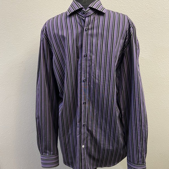 Robert Graham Long Sleeve Striped Button Front Shirt Men's Purple Black 16.5‎ - Picture 2 of 6